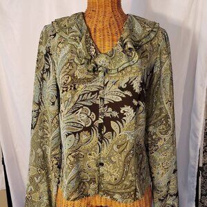 Ladies EMMA JAMES Semi-sheer Paisley Blouse w/Ruffled Collar in Greens - 6